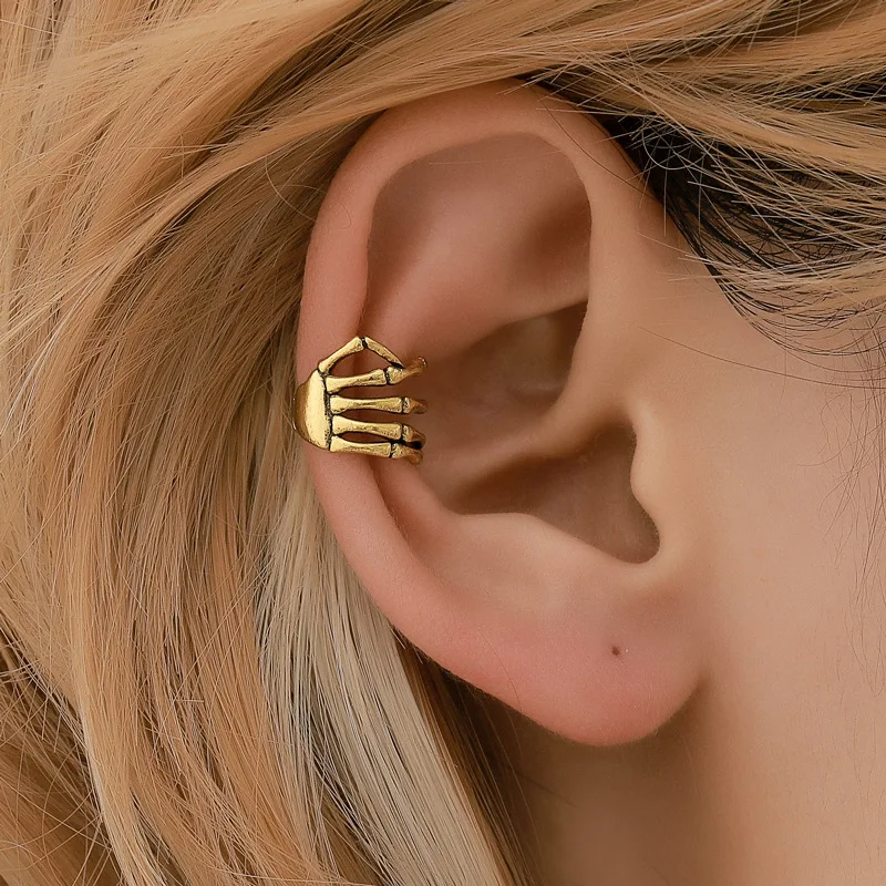 Hot Non Piercing Skull Spine Hand Ear Cuffs Punk Gothic Clip On Cartilage Earrings Unisex Skeleton Halloween Rock Jewelry Gift