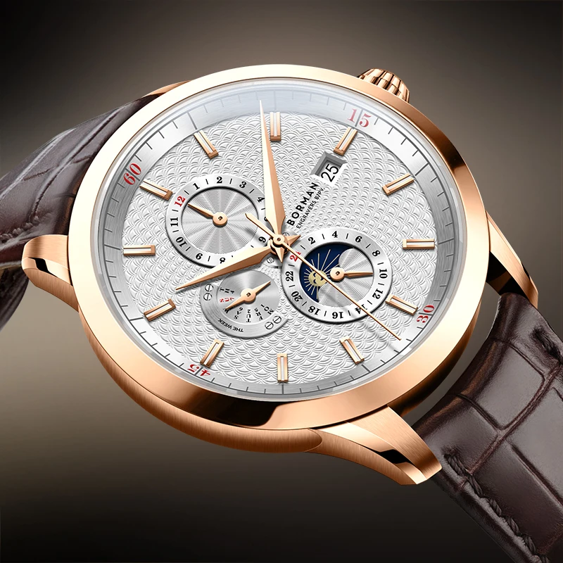 Switzerland Luxury Brand BORMAN Automatic Mechanical Men's Watches Sapphire Multi-function Waterproof Moon Phase Clocks BM3871