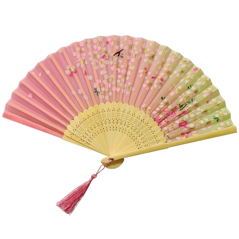 100PCS Vintage Chinese Cherry Blossom Flower Printing Silk Folding Hand Fan With Tassel Customized Wedding Names Gift Favor