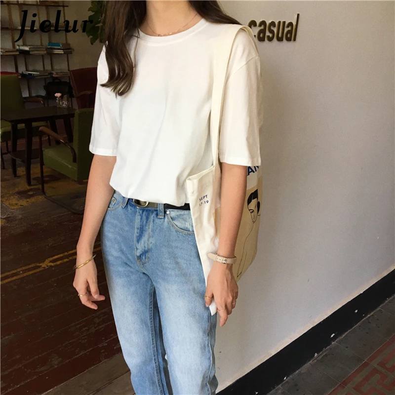 

Jielur 15 Colors Women's T-shirts Loose Casual Harajuku Basic Tee Shirt Summer Korean Female T-shirt S-XL Apricot White Tops