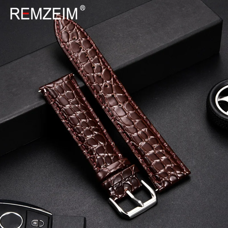 REMZEIM Leather Watchband Strap 16 /18 /20 /22 /24mm Stainless Steel Buckle Men Women Replace Band Watch Accessories