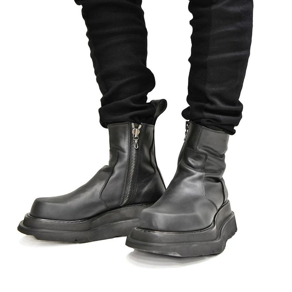 Na moda aumento da altura do inverno dos homens calcanhar grosso zip mid-calf plataforma botas de couro masculino pele quente sapatos de motocicleta