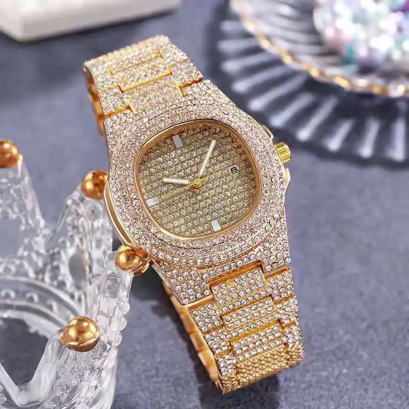 Luxury Watches for Men Full Iced Out Gold Watch Men Rhinestone Wristwatch Unique Diamond Watch Gift for Men Relojes Para Mujer