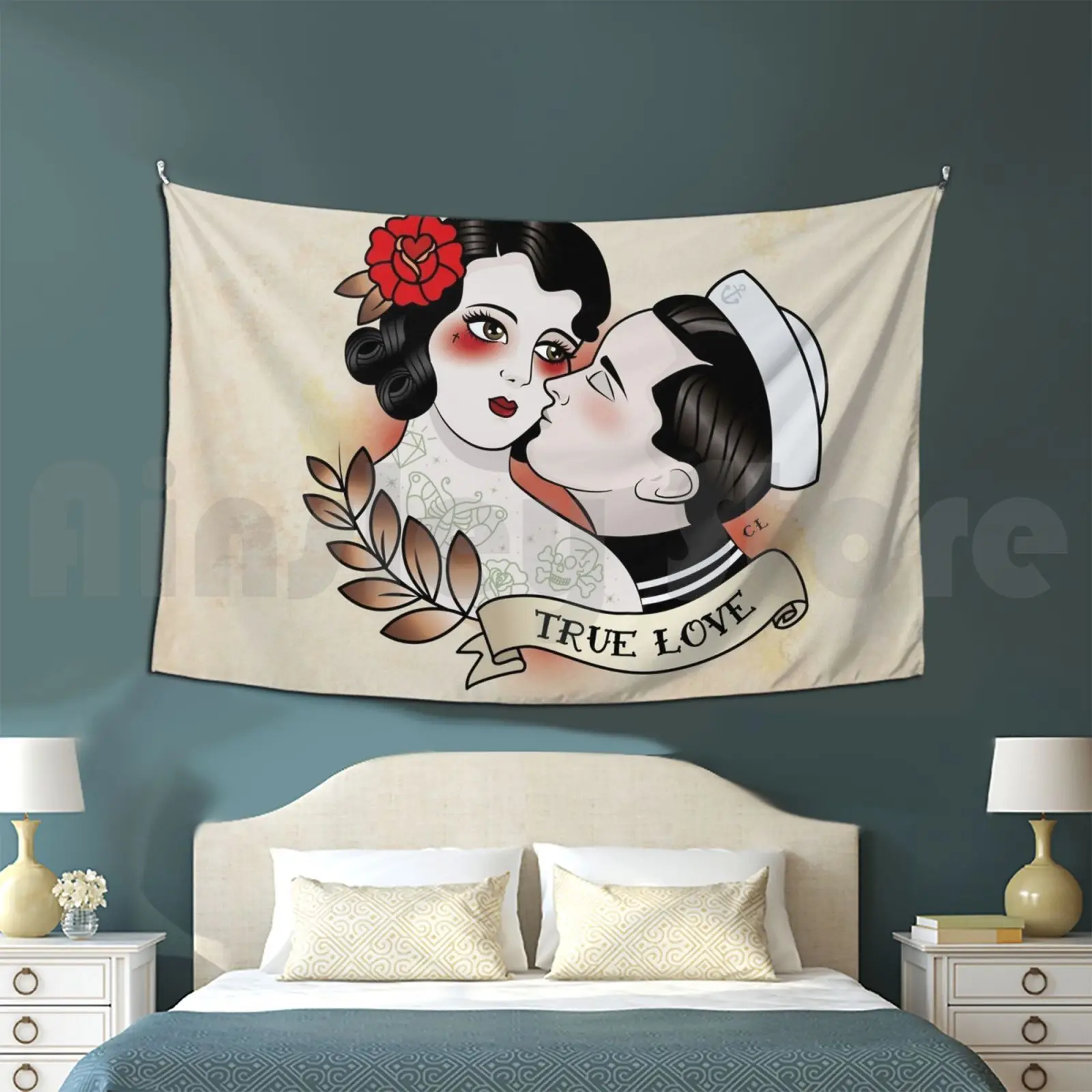 True Love Customized Tapestry Tattoo Couple True Love Traditional Vintage Pin Up Kiss