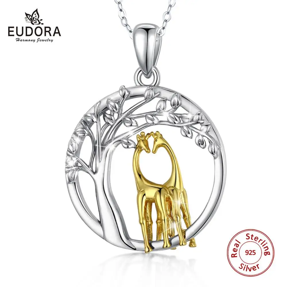 

EUDORA серебро 925 пробы золотой цвет благородный Жираф пара & Дерево жизни ожерелье-подвеска животное кулон Модные вечерние ювелирные изделия