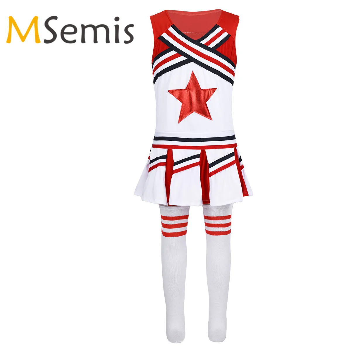 Kids Girls Cheerleader Costume Outfit Applique Cheerleading Tops with Skirt Socks Dancewear Carnival Cheerleading Uniform Suit