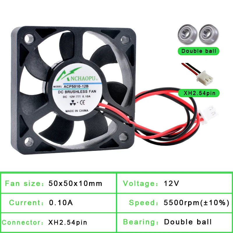 ACP5010 5Cm 50Mm Fan 50X50X10Mm DC5V 12V 24V 2pin Koelventilator geschikt Voor Micro-Chassis Router Inverter Voeding Lader