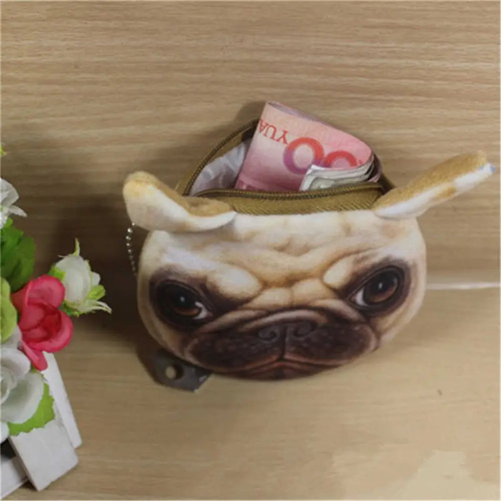 Mini porte-monnaie en peluche avec visage d'animal de dessin animé pour enfants, sac à main chat et chien, fermeture éclair, portefeuille mignon pour filles, porte-cartes et porte-clés, sac à main pour casque