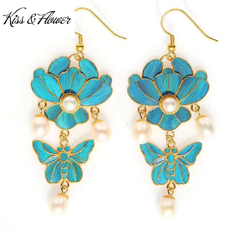 

KISS&FLOWER ER419 Fine Jewelry Wholesale Fashion Woman Bride Girl Birthday Wedding Gift Flower Butterfly 24KT Gold Drop Earrings