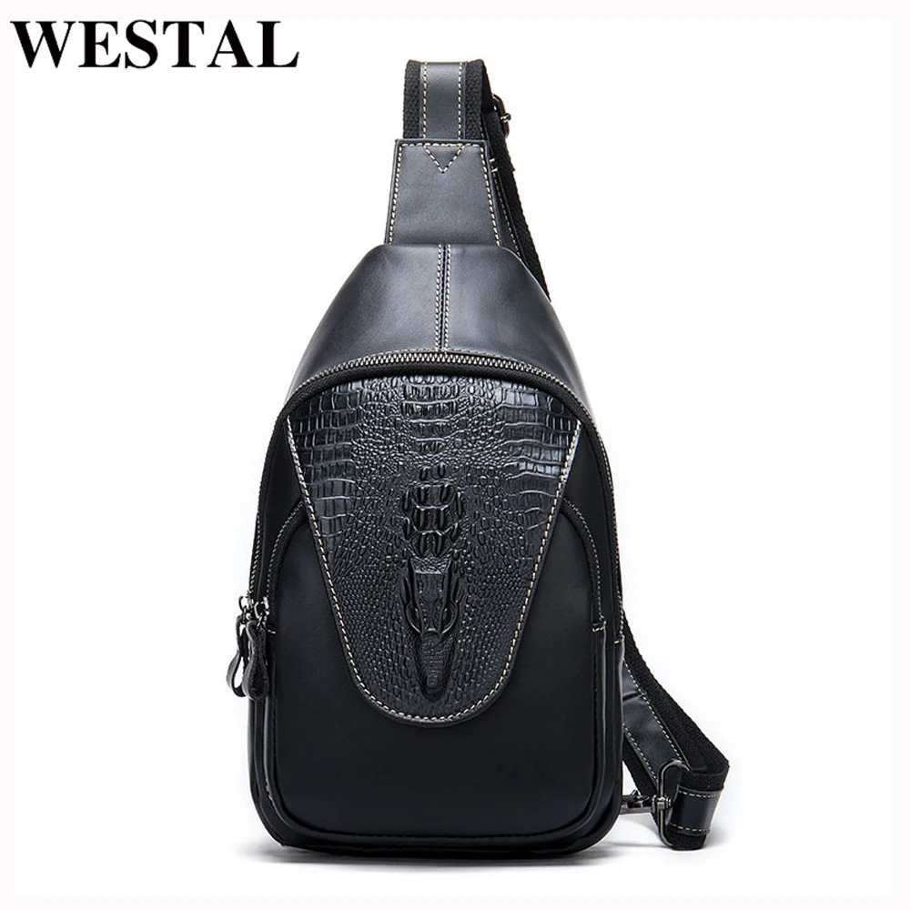 

WESTAL Genuine Leather Bag Men's Chest Bags Male Sling Bag Leather Pattern Crocodile Zipper Luxury Brand Designer Bags 8082