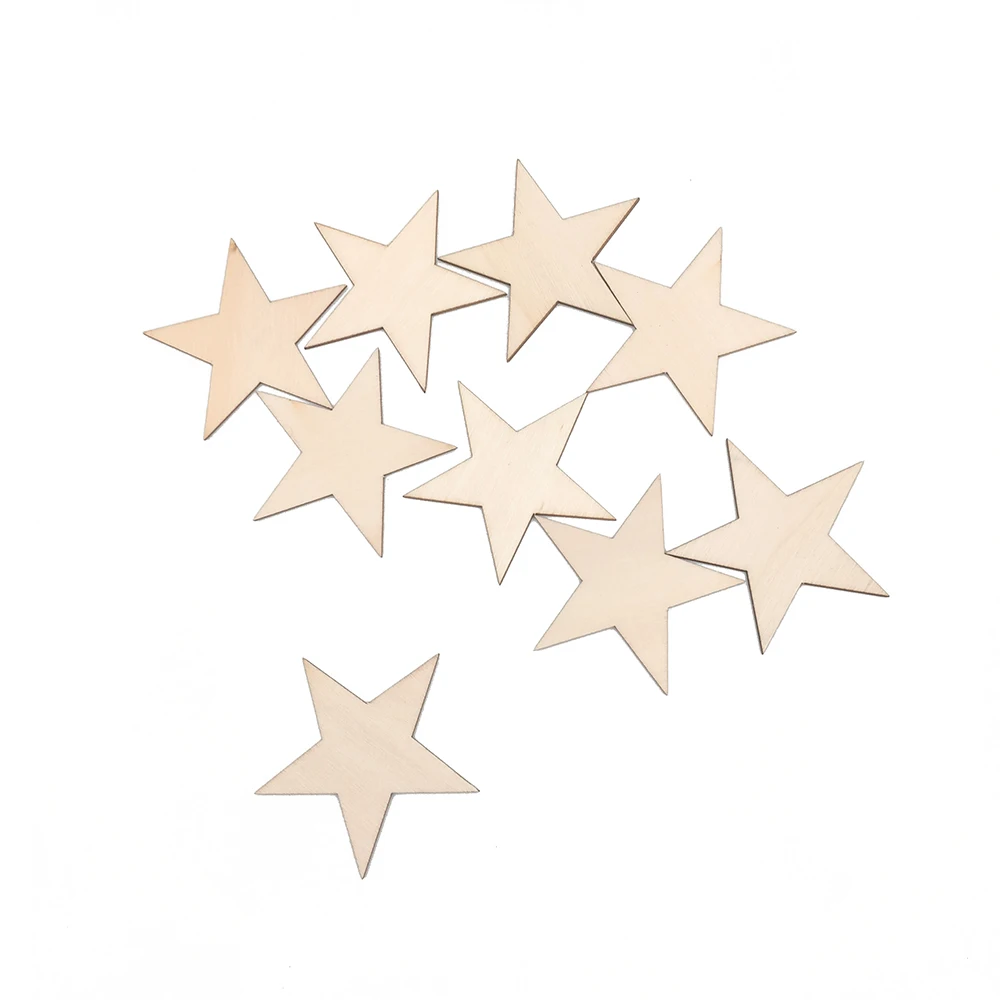 50pcs 40mm 1.57inch Wood Cutout Star Assorted Styles Unfinished Blank Wooden Stars Wood Decoration for Home Decor DIY