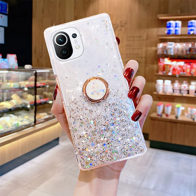 360 Finger Ring Glitter  Case For Xiaomi Mi 11 Note 10 10T 9 9T 8 SE A3 A2 A1 Lite POCO X3 Coque Silver Foil Silicone Cover