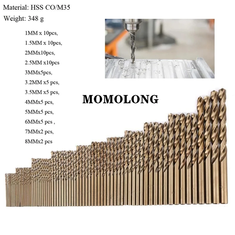 74PCS/Set HSS-CO 1-8mm High Speed Steel M35 40-133mm Length Wood Metal Drilling High Speed Steel HSS-CO Twist Drills Bit