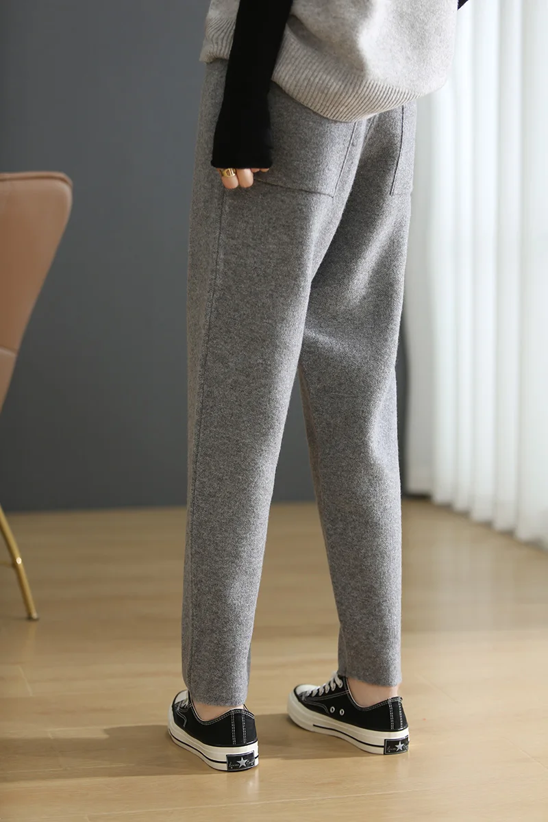 2021 Women\'s Autumn Winter Trendy Warm Trousers Female 100% Wool Elastic Casual Pants Women Grey Color Fashion Pencil Pants