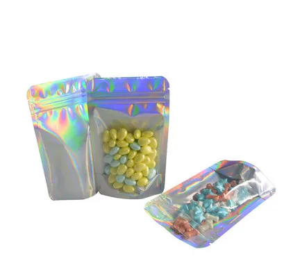 100PCS Hologram Laser Silver Aluminum Foil Ziplock Bag DIY Resealable Coffee Snack Tea Dates Spice Beaf Candy Storage Pouches