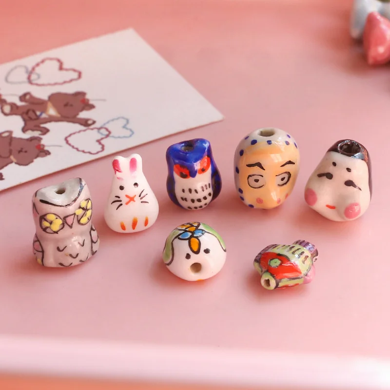 5PCS Cartoon Hand-painted Wind Cute Ladybug Owl Head Ceramic Beads Diy Handmade Jewelry Earrings Pendant Accessories