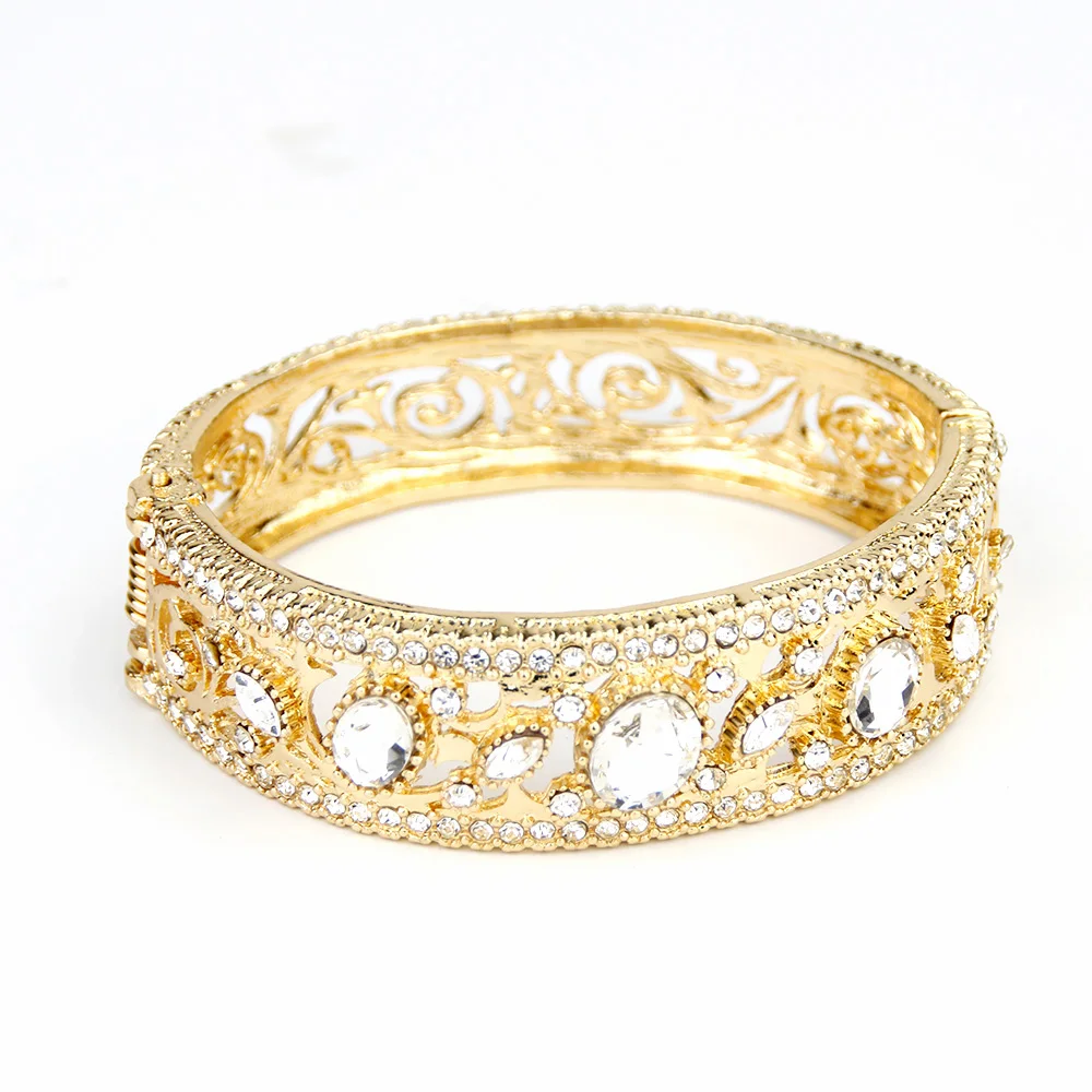Sunspicems Gold Color Engraved Women Cuff Bracelet Filigree Crystal Bangle Morocco Wedding Jewelry Bohemian Anniversary Gift