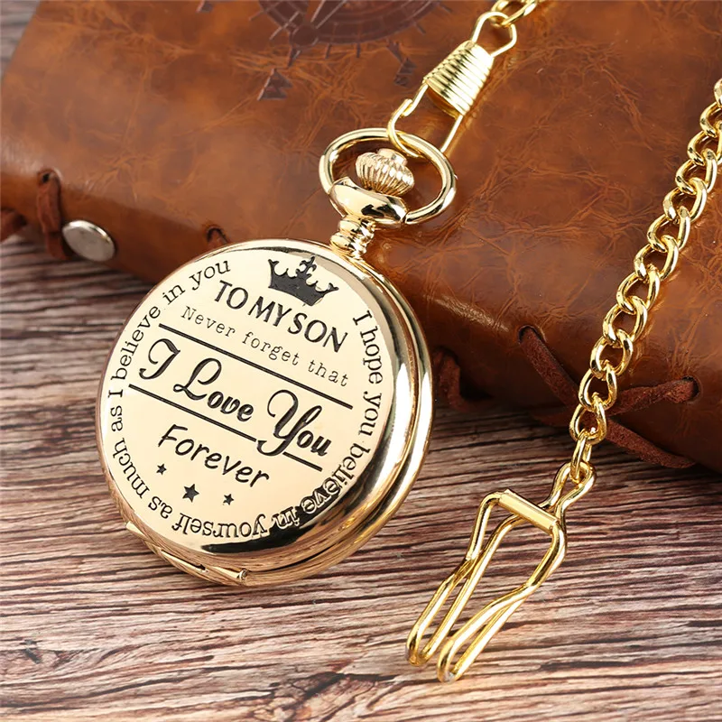 Customized To My Son I Love You Forever Men Boy Watches Analog Quartz Pocket Watch Pendant Chain Roman Numeral Display Present