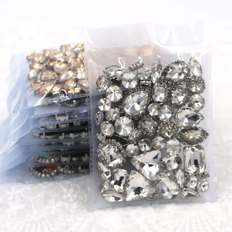 50pcs/Bag White Mixed Shape Sew on Glass Rhinestone Silver Claw and Crystal Buckle Diy Wedding Decoration Clothes/Shoe/Dress