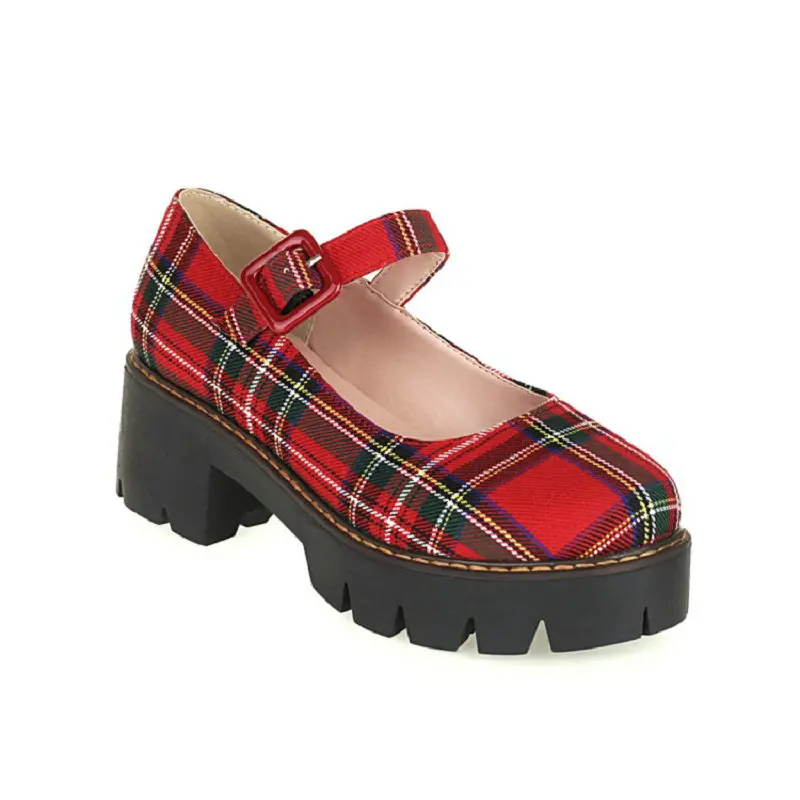 Sianie Tianie Japanese Style Students Girls Shoes Scotland Plaid Checker Round Toe Retro Ladies Pumps Chunky Heels Mary Janes