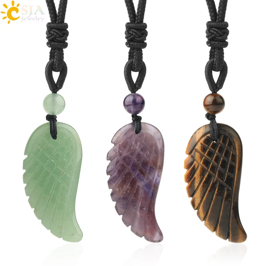 CSJA – collier en pierre précieuse naturelle, pendentif aile d'ange, Aventurine verte, œil de tigre, cristal violet, Quartz, bijoux pour hommes G695
