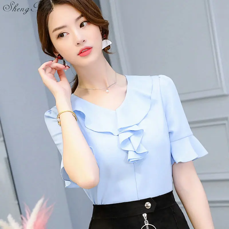 Summer Women Blusas Fashion Short Sleeve Ruffles Chiffon Blouse Solid White Tops Blusas Casual Summer Blouses V1771