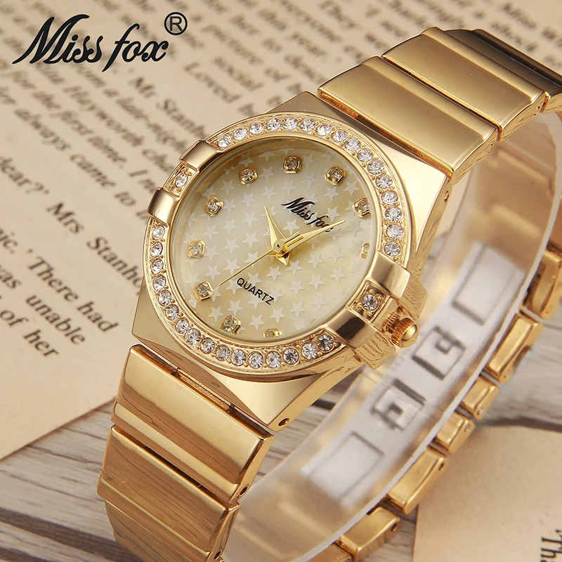 MISSFOX Gold Watch Fashion Brand Rhinestone Relogio Feminino Dourado Timepiece Women Xfcs Grils Superstar Original Role Watches