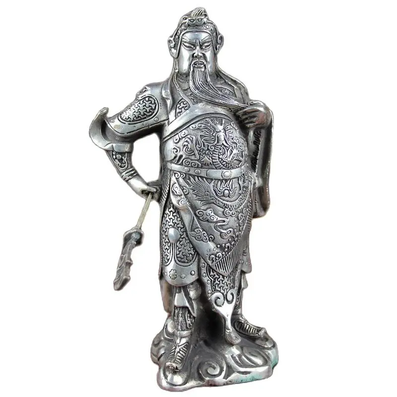 China Old Feng Shui Ornaments White Copper Silver Plating  Guan Gong Statue