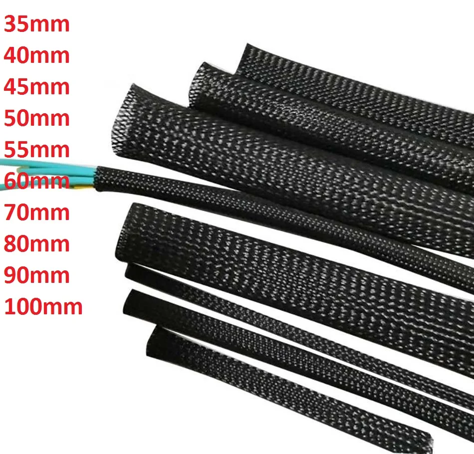 

35mm 40mm 45mm 50mm 55mm 60mm 70mm 80mm 90mm 100mm Black Braided Cable Sleeving Expandable Wire Harness Auto Sheathing PET