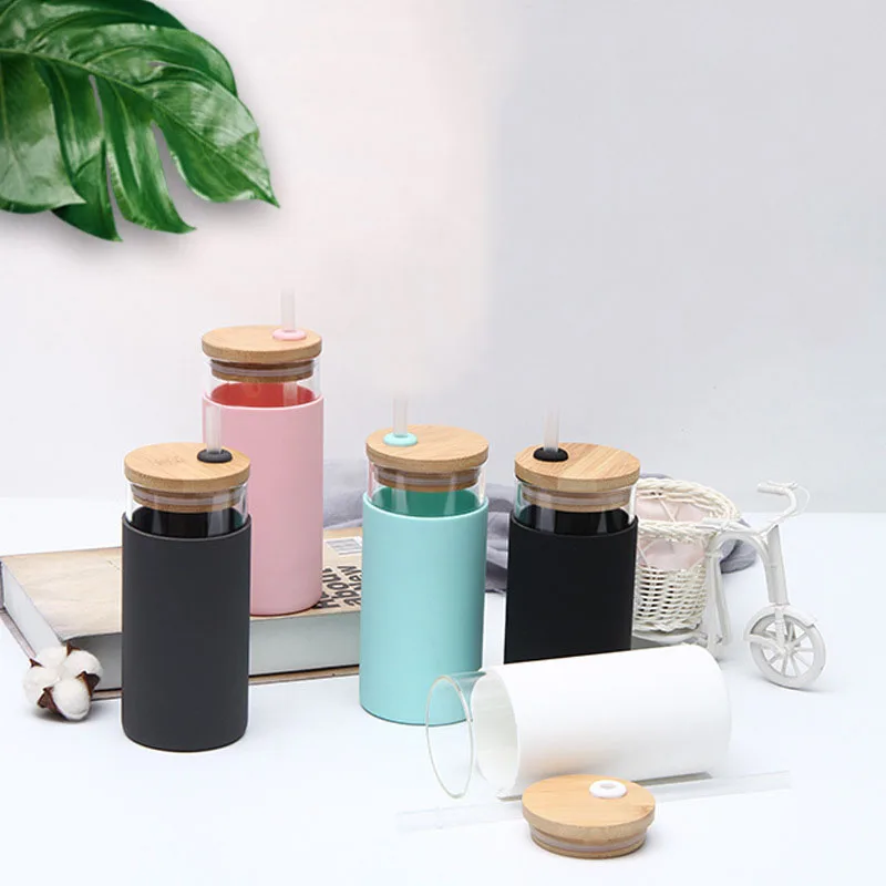 

Simple Bamboo Wood Cover Straw Cup Office Cute Water Cup Anti-Scalding Silicone Sleeve Single-Layer Glass Coffee Cup