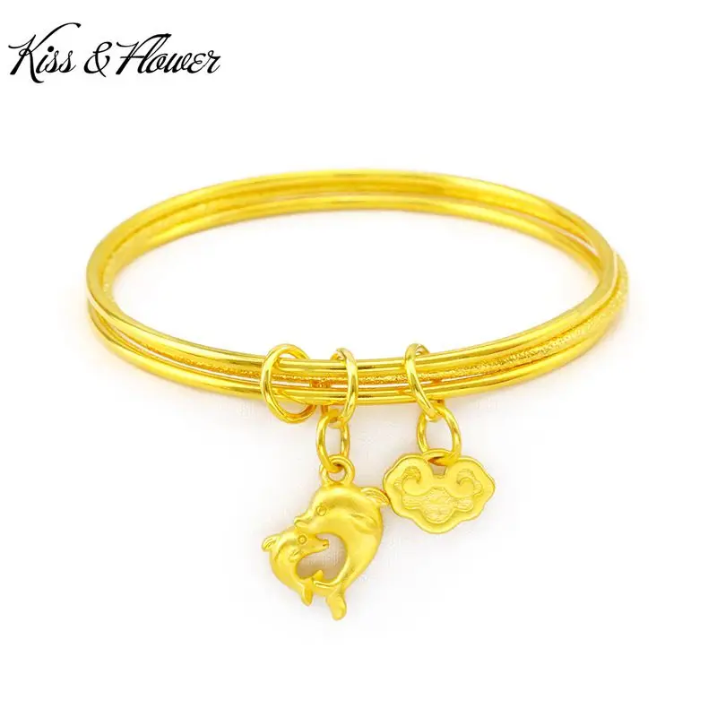 

KISS&FLOWER BR52 Fine Jewelry Wholesale Fashion Woman Birthday Wedding Gift Lock Dolphin Three Laps 24KT Gold Bracelet Bangle