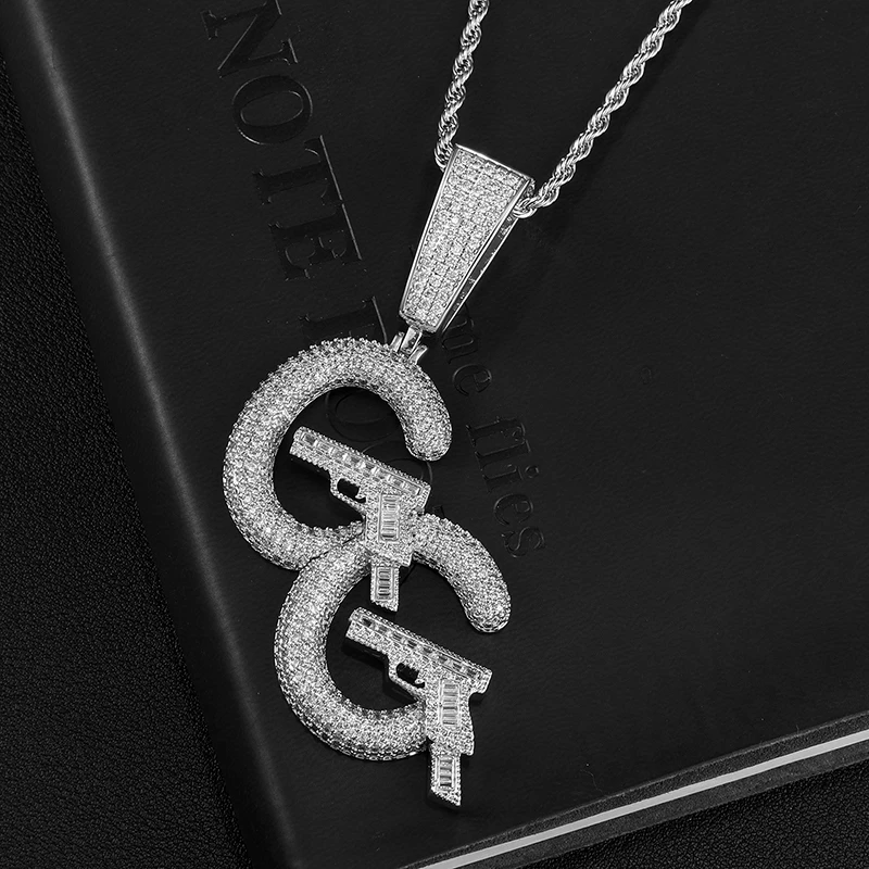 Hip Hop Gun Double C letter Baguette Stones Pistol Shape Cubic Zircon Solid Back Necklaces & Pendants For Men Charm Jewelry