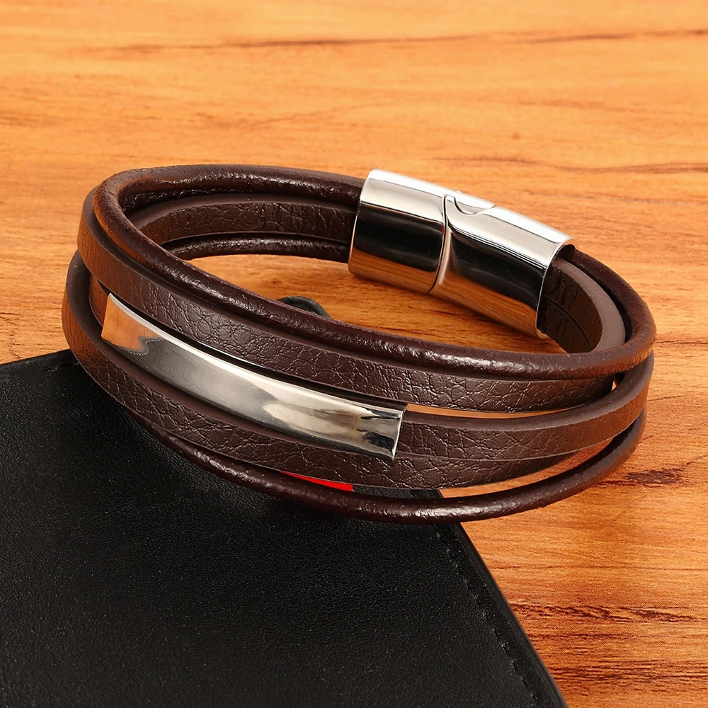 XQNI Geometric Stainless Steel Accessories Combination Leather Men's Bracelet Classic Multi-layer Luxury Style For Handsome Gift