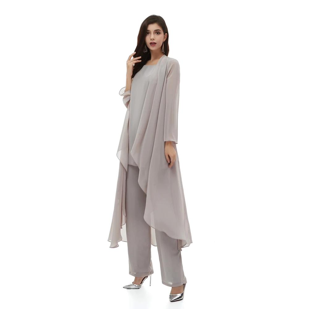 2022 Gray Women's 3 Pieces Ruffles Chiffon Mother of The Bride Dress Pants Suit Long Sleeve With Jacket Outfit Robe De Soiree