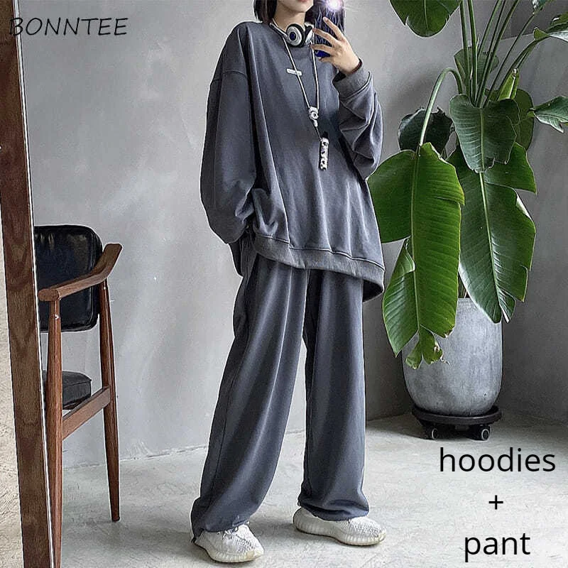 

Sets Women Outfits Gray BF All-match O-Neck Long Sleeve Casual Pullover and Elastic Waist Straight Pure Popular Full Length Pant