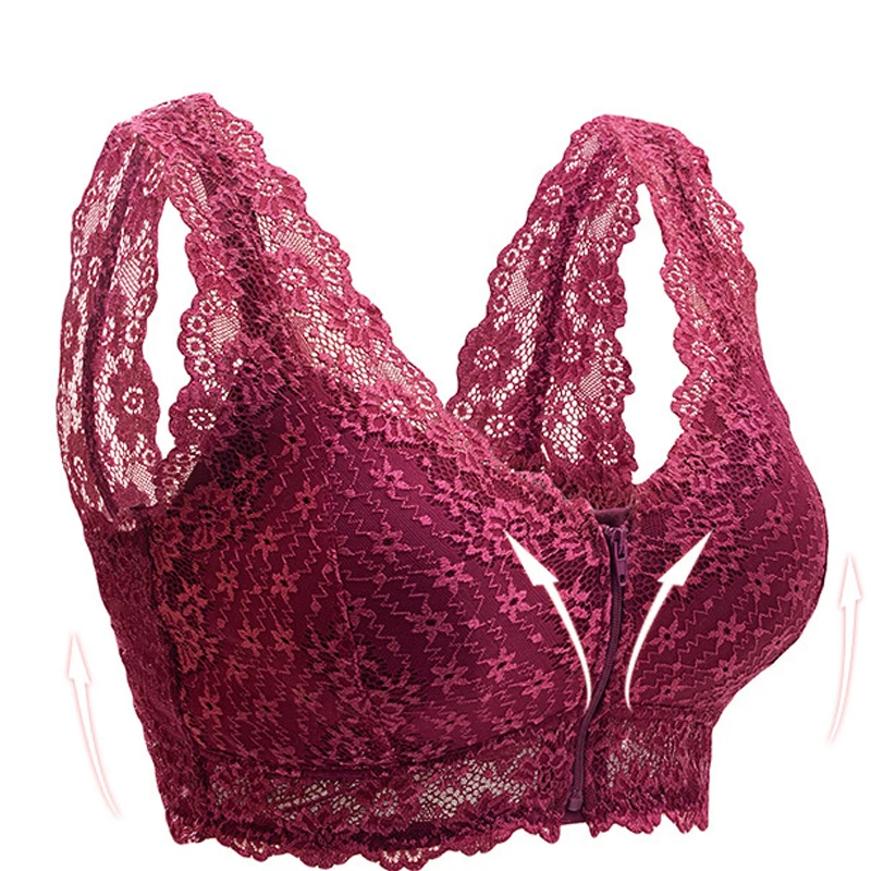 Female Lingerie Front Zip Women Lace Bra Top Push Up Full Cup Bralette Lady Seamless Wireless Bras Fashion Vest Gather Underwear