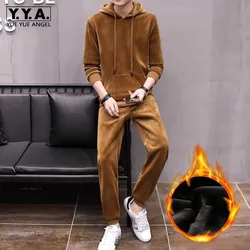 Winter Mens Fleece Lining Joggers Sweatshirt Set Casual Hoodies Tracksuit Velvet Couple Two Pieces Long Pants Sets Big Size 3XL