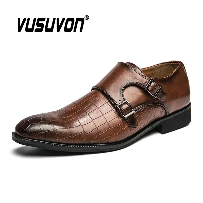 Size 39-45 Men's Dress Shoes Genuine Leather Double Buckle Monk Strap Black Snake Print Cap Toe Classic Italian Design Flats