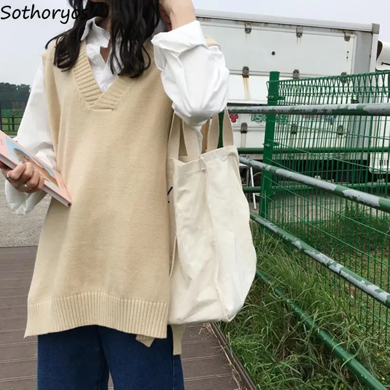

Baggy Sweater Vest Women Patchwork Simple Harajuku Students All-match Spring Fall Casual Tops Elegant Knitwear V-neck Korean Ins