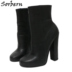 Sorbern Black Ankle Boots Women Real Leather Short Booties Unisex Side Zipper Block High Heels Round Toe