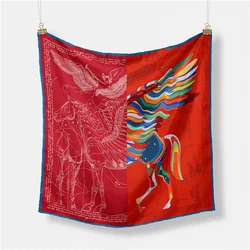 Bufanda de seda de sarga para mujer, pañuelo cuadrado con estampado de caballo volador, Bandana pequeña, Hijab, diadema, 53CM