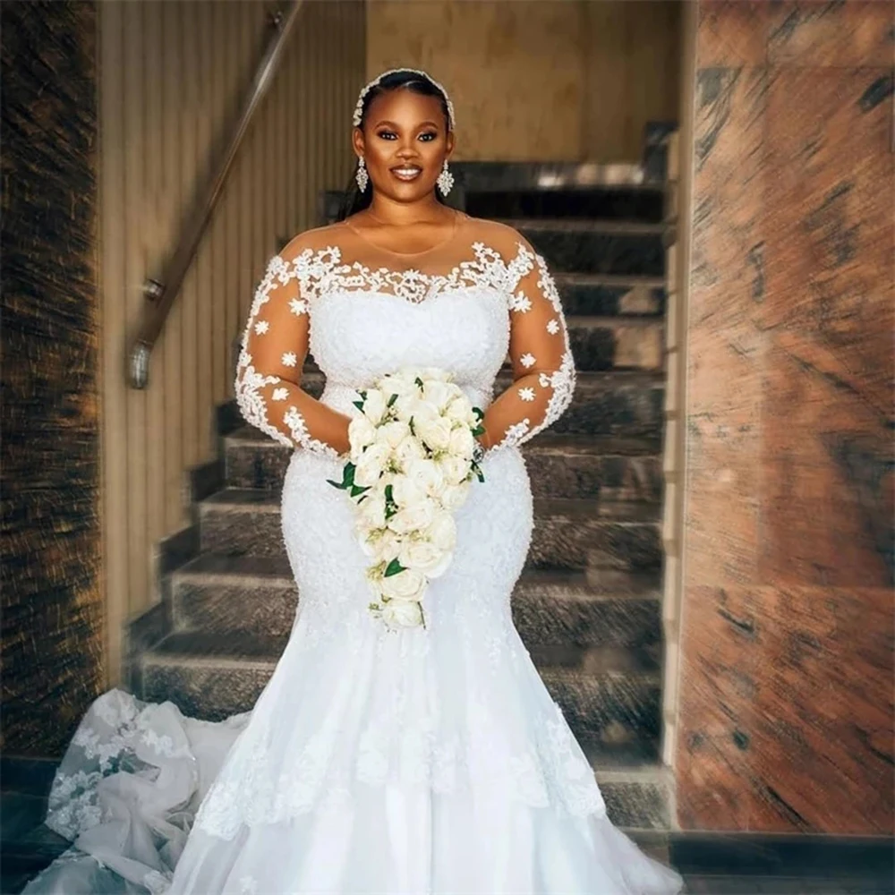 Abiti da sposa a sirena di lusso africani di Dubai 2021 maniche lunghe Appliques di pizzo abiti da sposa in rilievo abito da sposa Robe De matrimonio