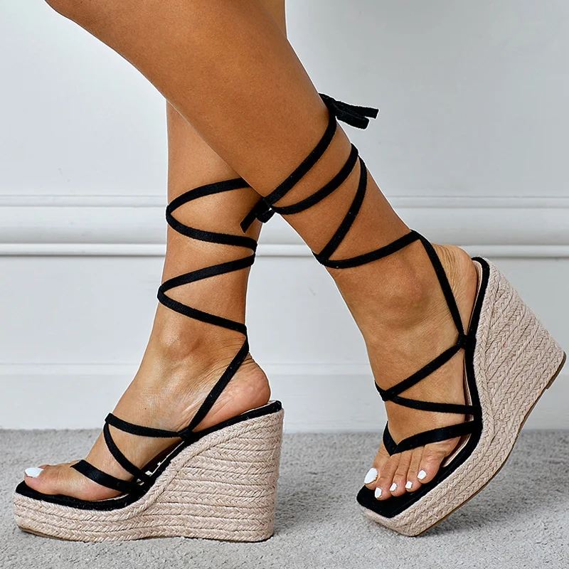 Fashion 12.5CM Wedges Heels Platform Sandals Women Summer Green Narrow Band Open Toe Ankle Lace-Up Party Dress Shoes Plataforma