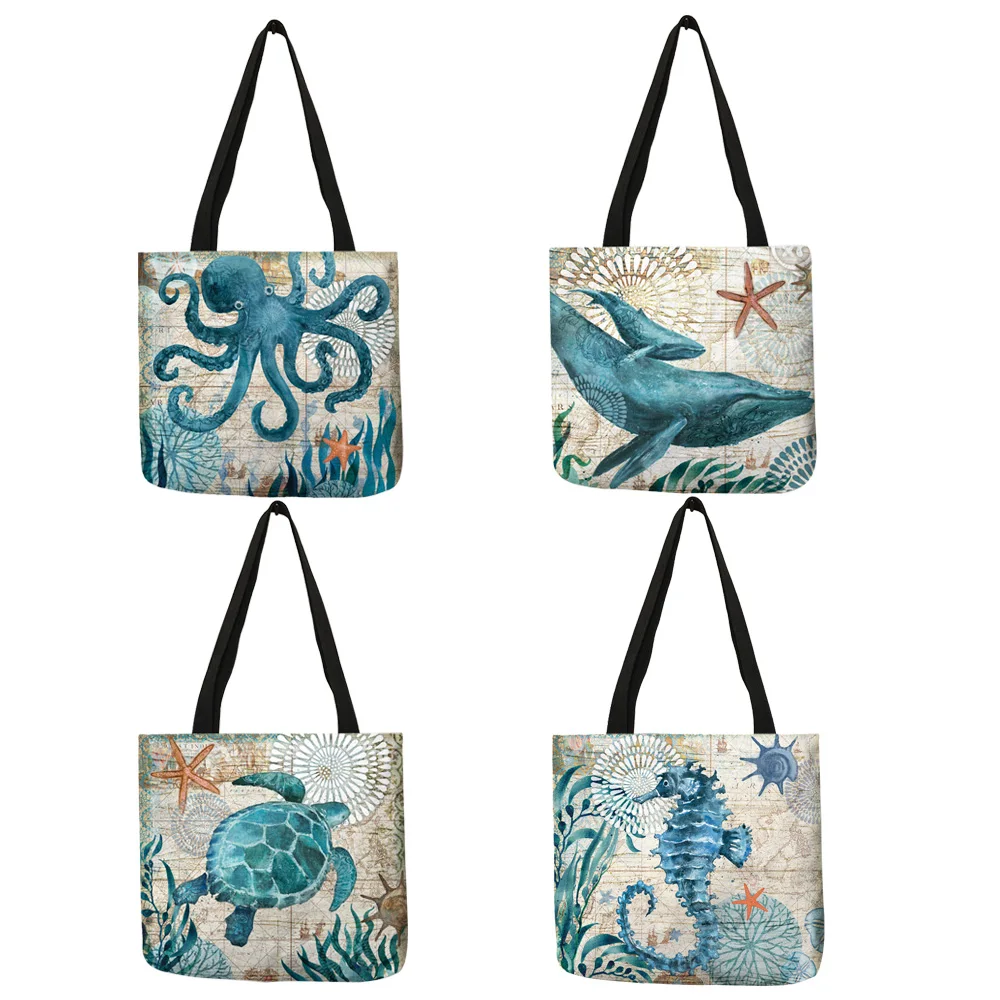 Customize Tote Bag Seahorse Turtle Octopus Print Traveling Shoulder Bags Eco Linen Shopping Bags For Women with Print