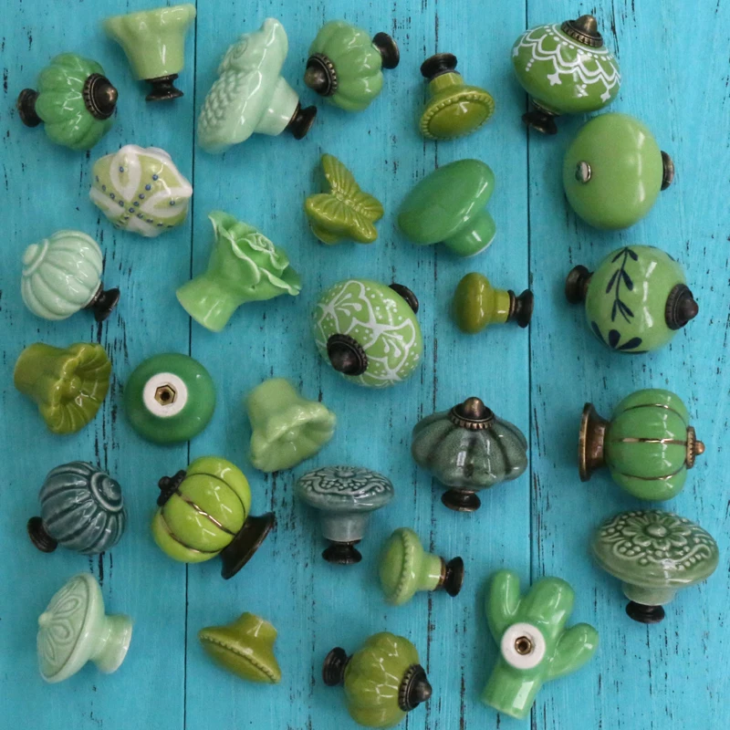 1PCS Ceramic Flower Owl Cactus shape Knobs Dresser Cabinet Pulls Green Color Kitchen Door Handle Knob Furniture Hardware w/Screw