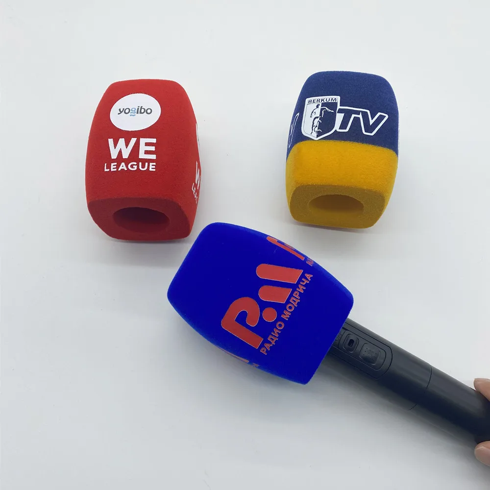 Triangle Flocking Microphone Sponge Printing Covers Customized Mic Windscreens Logo Foam For TV Stations Reporters Interview