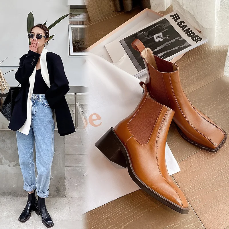 Women ankle Boots Cowhide natural leather plus size 22-26.5cm women shoes Europe and America Square toe chunky Chelsea boots