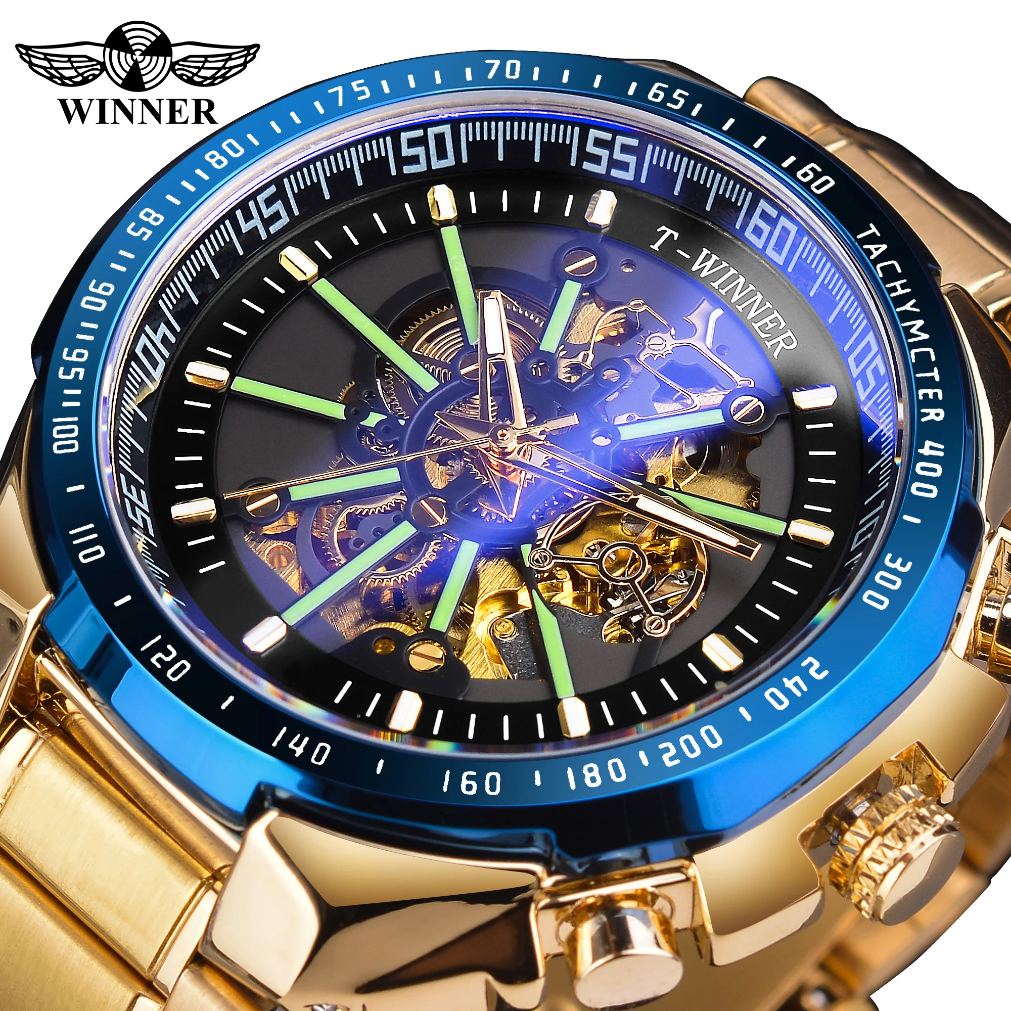 Winner Black Skeleton Dial Blue Light Glass Automatic Watch 30m Waterproof Luminous Stainless Steel Casual Sport Watches for Men