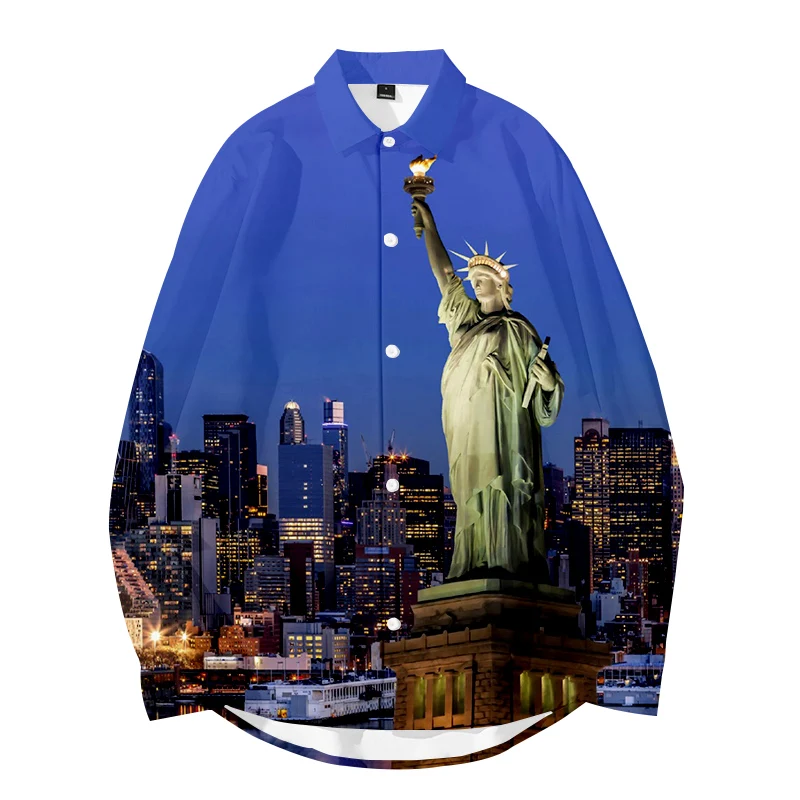 Men's Luxury Style Casual Long Sleeve Shirts New York Liberty Art Statue 3D Printed Turn-Down Collar Party Single-Breasted Shirt