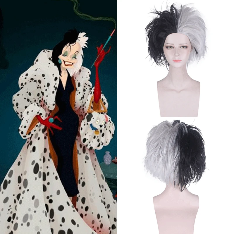 Cruella de Vil Wigs Women Black White Mix Fluffy Synthetic Cosplay Wigs Heat Resistant Costume Wigs + Wig cap